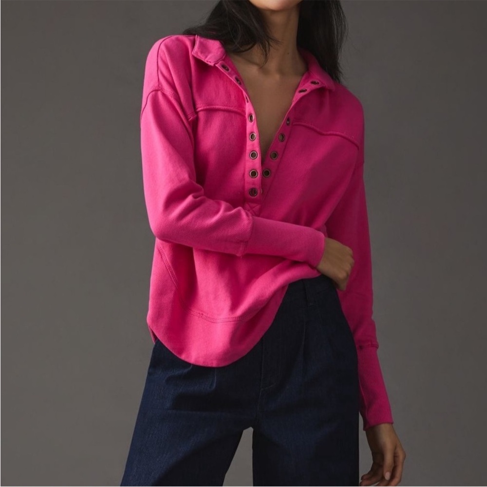 Pilcro Anthropologie Spliced Henley Top Sweatshirt Pink Large L